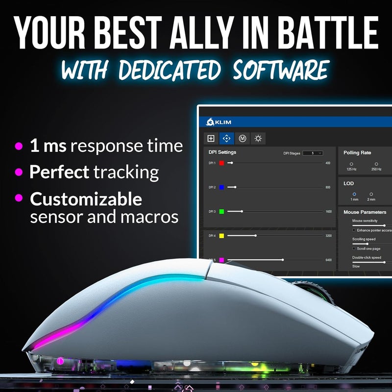 KLIM Blaze X RGB + New + Rechargeable Wireless Gaming Mouse with Charging Dock + Long-Lasting Battery + Up to 12000 DPI + Wired & Wireless Mouse PC, PS5, PS4, Mac + White - Image 3